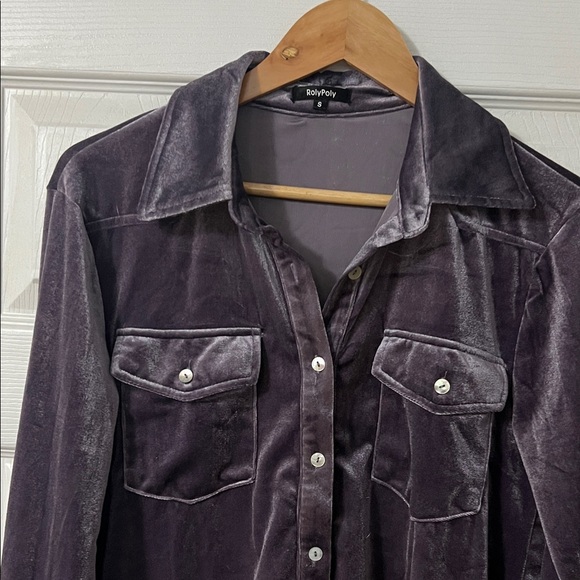 Velvet Button-Up Blouse - Purple - Picture 3 of 5